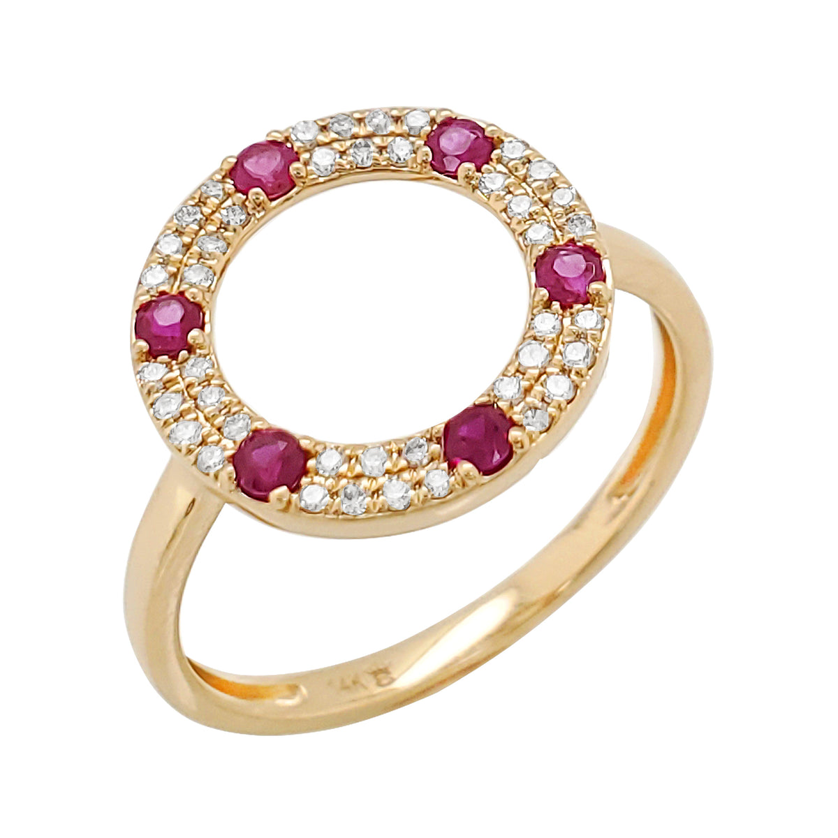 14K Yellow Gold Ruby Diamond Circle Ring, Round Gemstone Statement Band