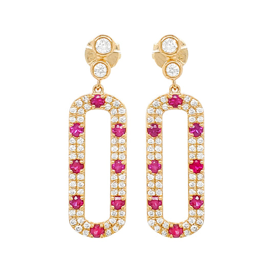 14K Yellow Gold Ruby Diamond Dangle Earrings, July Birthstone