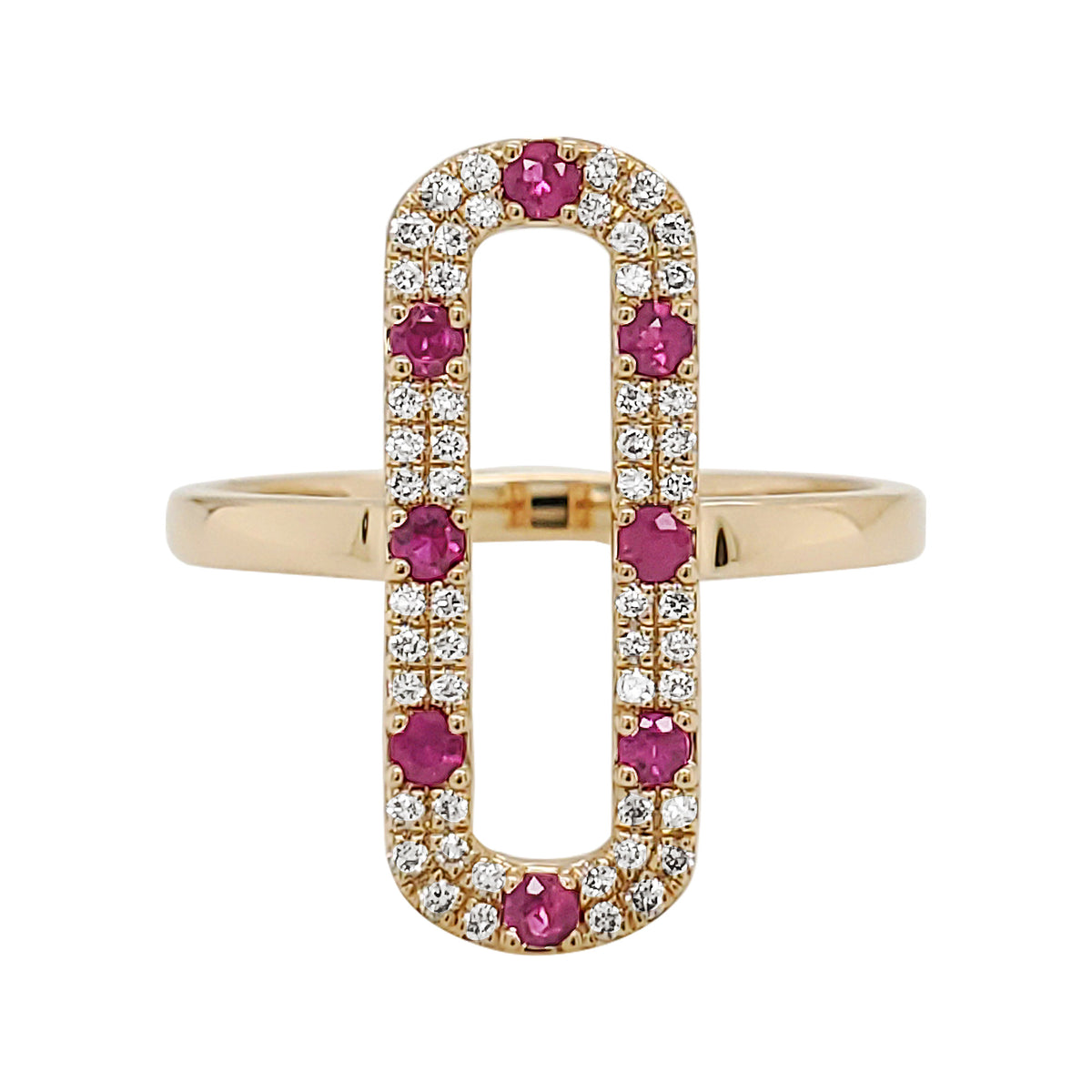 14K Yellow Gold Ruby Diamond Ring, Rectangular Halo Statement Band