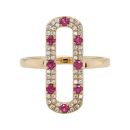 14K Yellow Gold Ruby Diamond Ring, Rectangular Halo Statement Band