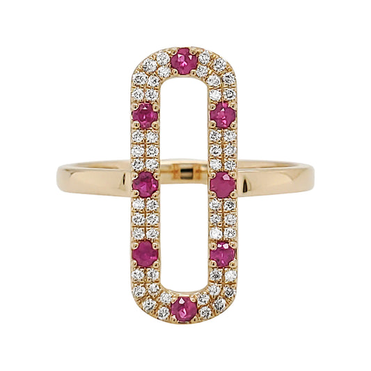 14K Yellow Gold Ruby Diamond Ring, Rectangular Halo Statement Band