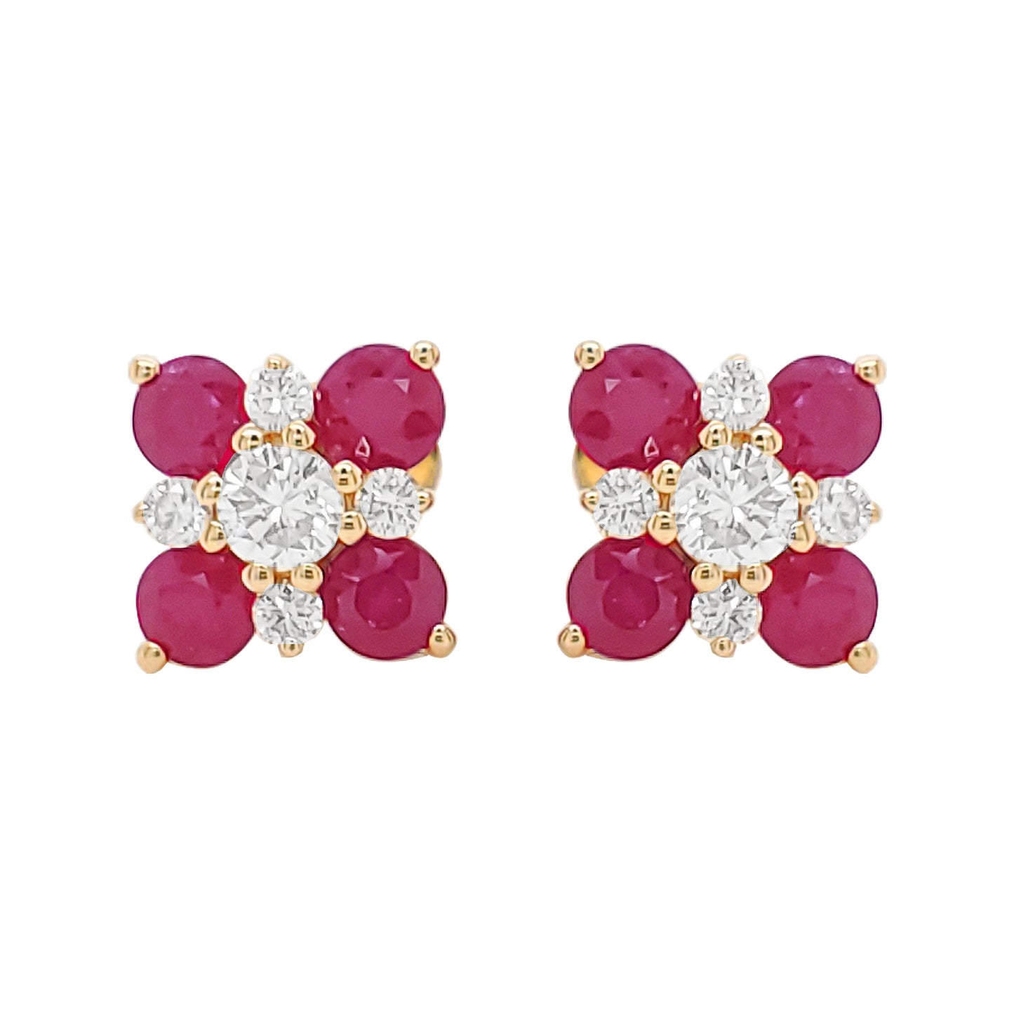 14K Gold Ruby Diamond Floral Stud Earrings, July Birthstone Jewelry
