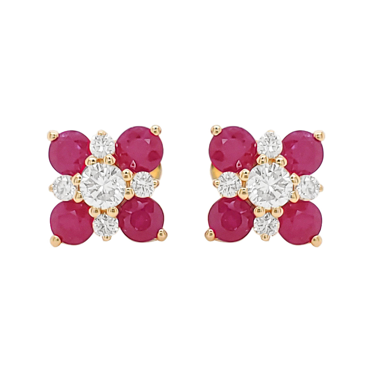 14K Gold Ruby Diamond Floral Stud Earrings, July Birthstone Jewelry