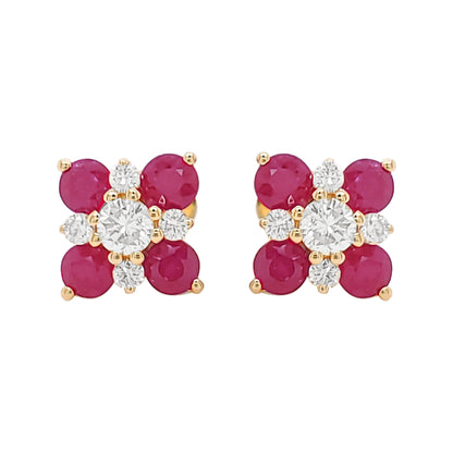 14K Gold Ruby Diamond Floral Stud Earrings, July Birthstone Jewelry