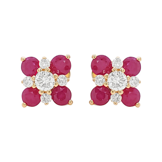14K Gold Ruby Diamond Floral Stud Earrings, July Birthstone Jewelry