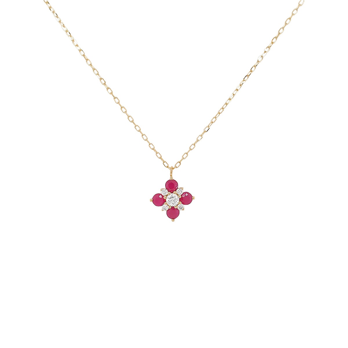 Natural Ruby Diamond Pendant Necklace, 14K Gold Four-Petal Floral Cluster, 18-Inch Adjustable Chain