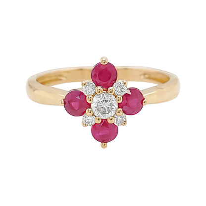 14K Gold Ruby Diamond Floral Ring, Art Deco Promise Ring