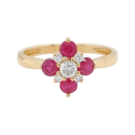 14K Gold Ruby Diamond Floral Ring, Art Deco Promise Ring