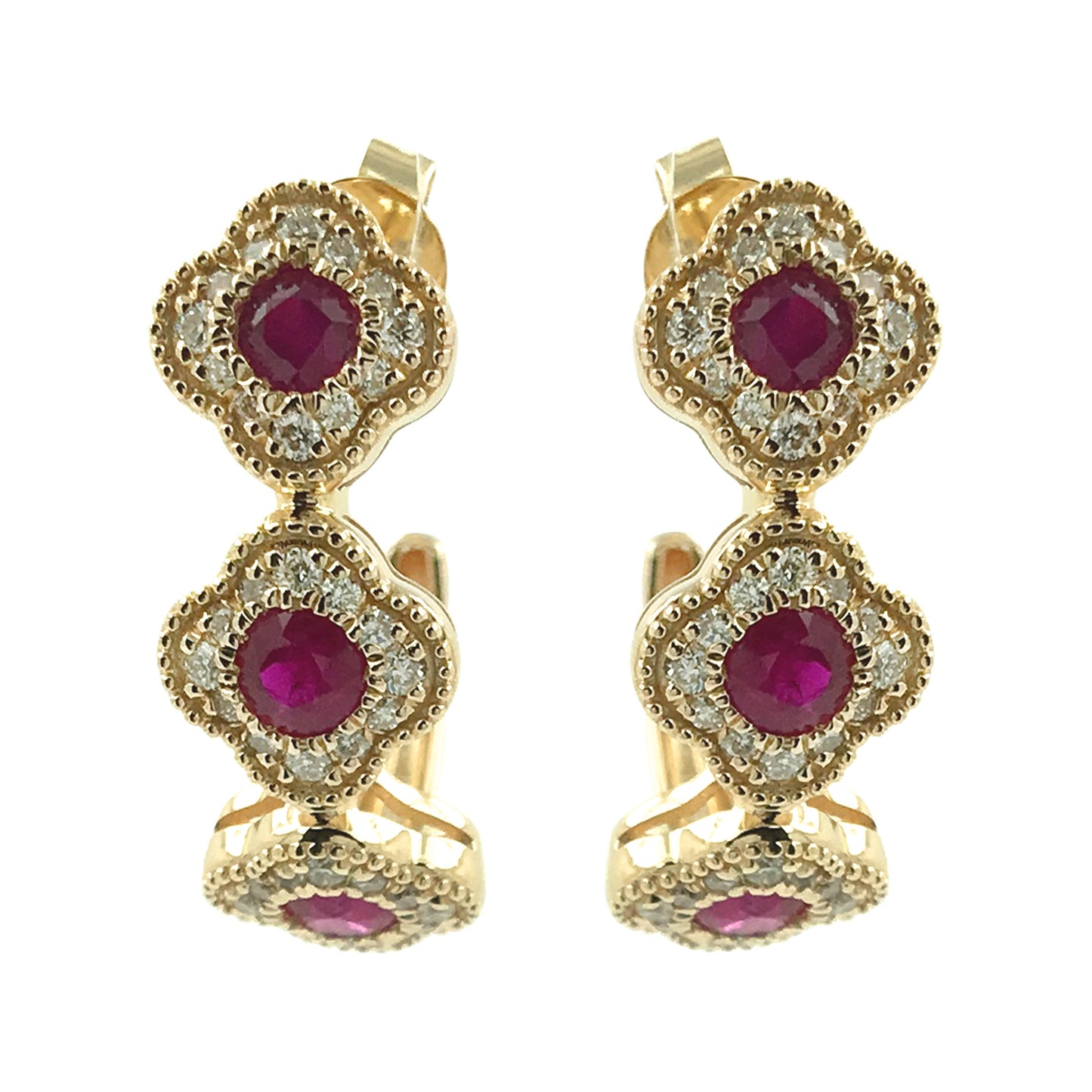 14K Yellow Gold Ruby & Diamond Earrings Natural Red Gemstone Flower Hoops Quatrefoil July Birthstone Jewelry Vintage Style Luxury Gift