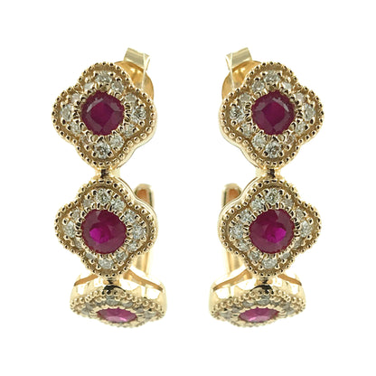 14K Yellow Gold Ruby & Diamond Earrings Natural Red Gemstone Flower Hoops Quatrefoil July Birthstone Jewelry Vintage Style Luxury Gift
