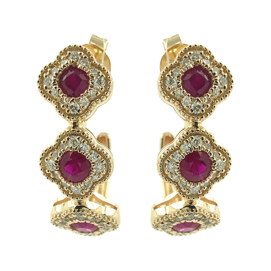 14K Yellow Gold Ruby & Diamond Earrings Natural Red Gemstone Flower Hoops Quatrefoil July Birthstone Jewelry Vintage Style Luxury Gift