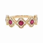 14K Gold Ruby Diamond Quatrefoil Ring, Vintage Milgrain Band