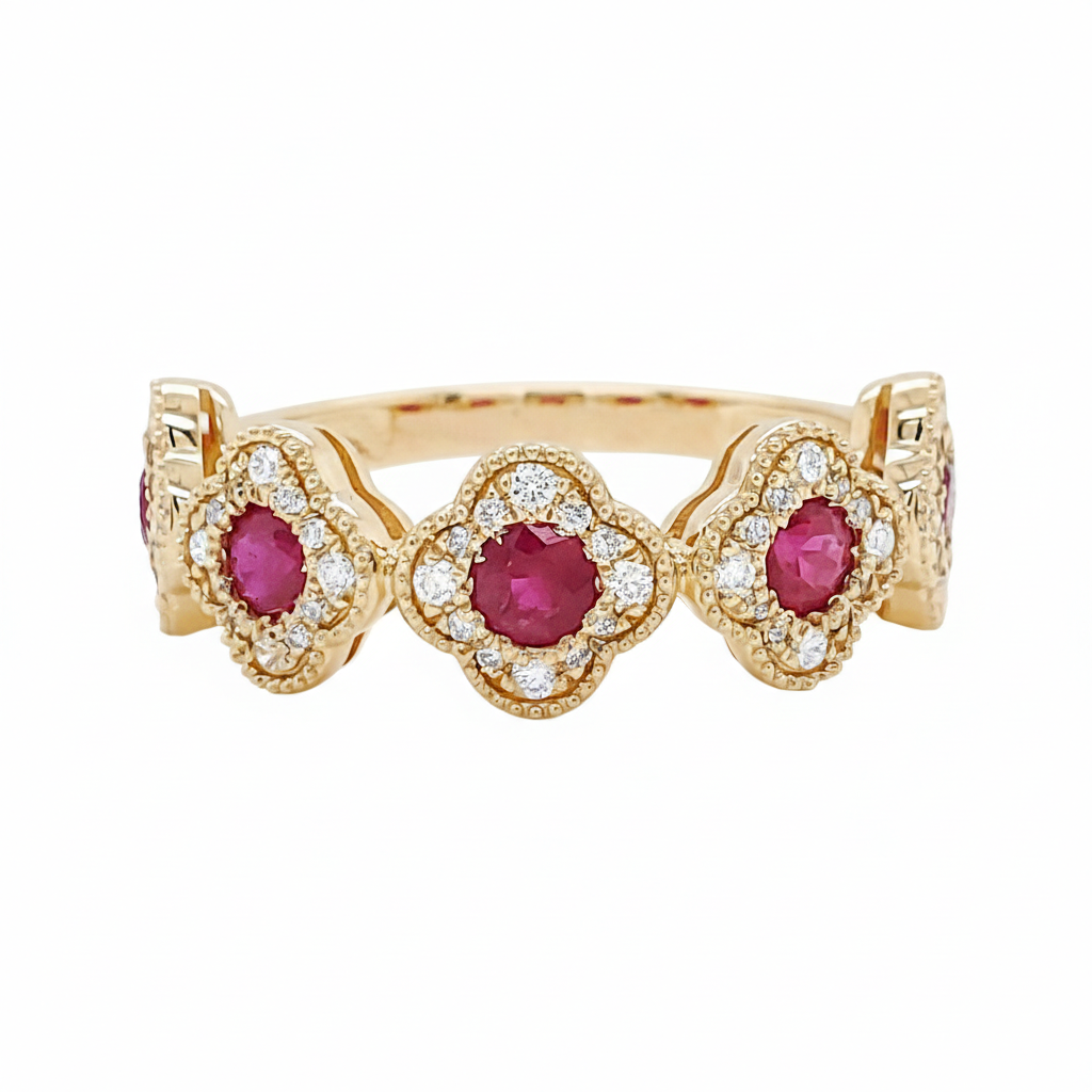 14K Gold Ruby Diamond Quatrefoil Ring, Vintage Milgrain Band