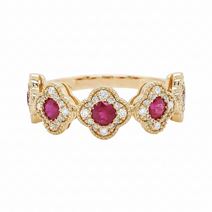 14K Gold Ruby Diamond Quatrefoil Ring, Vintage Milgrain Band