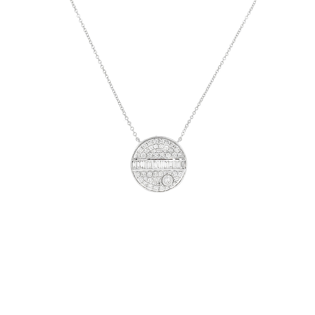 14K White Gold Diamond Disk Necklace, Baguette & Round Medallion Pendant