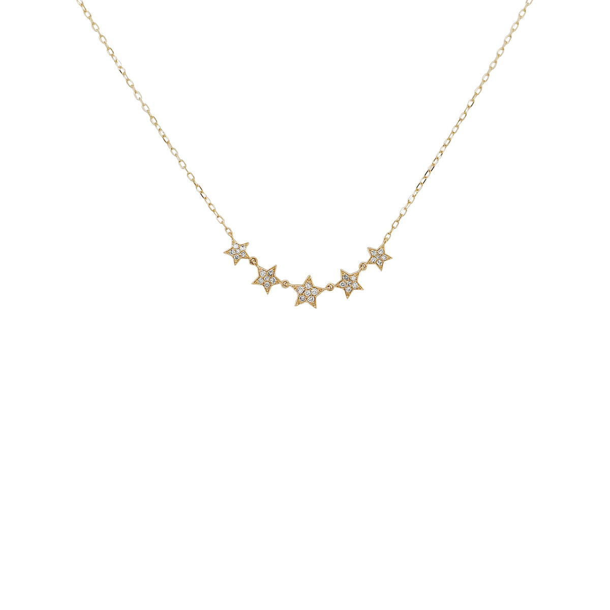 14K Gold Diamond Star Station Necklace, Celestial Curved Bar Pendant