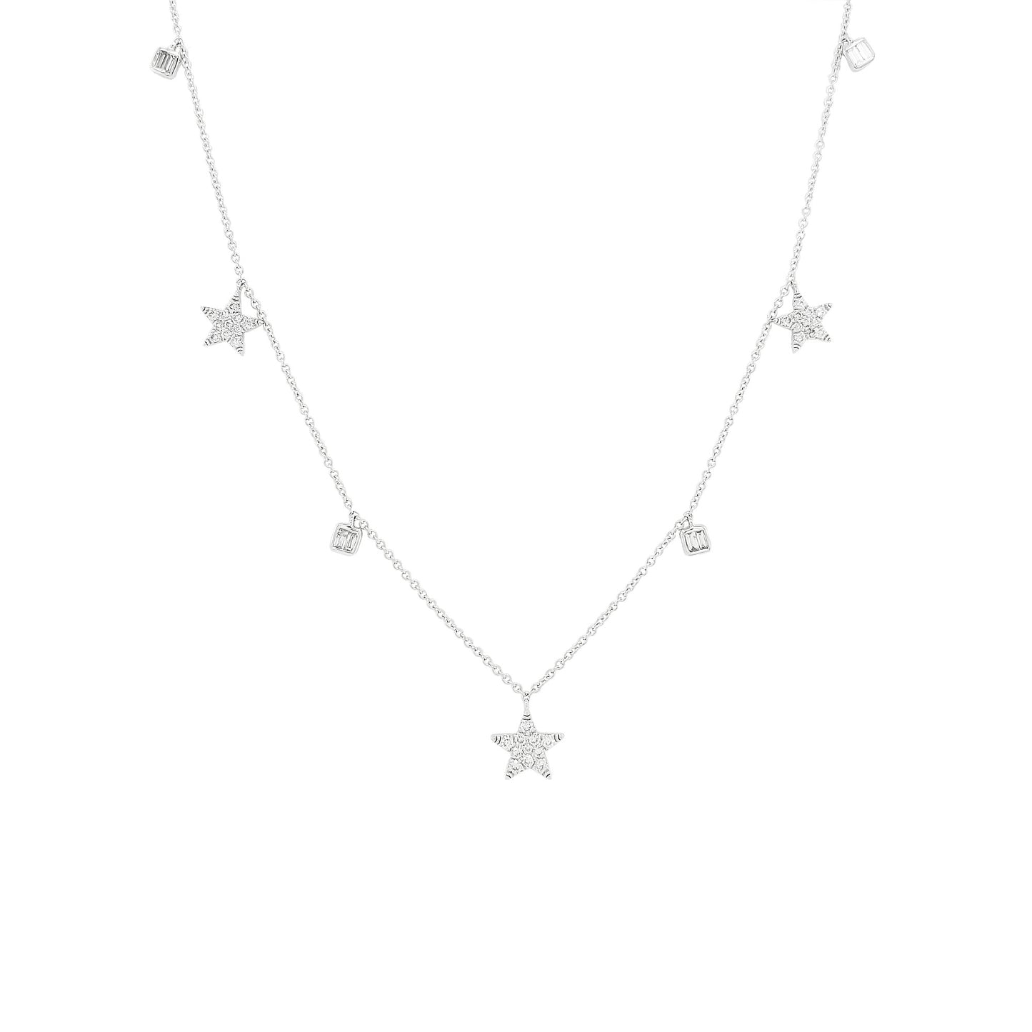 14K White Gold Diamond Star Baguette Necklace, Celestial Charm Choker, 2/5 CTW