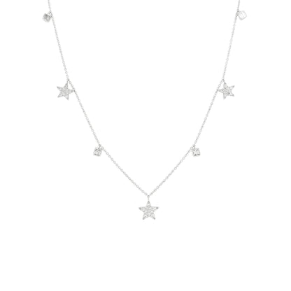 14K White Gold Diamond Star Baguette Necklace, Celestial Charm Choker, 2/5 CTW
