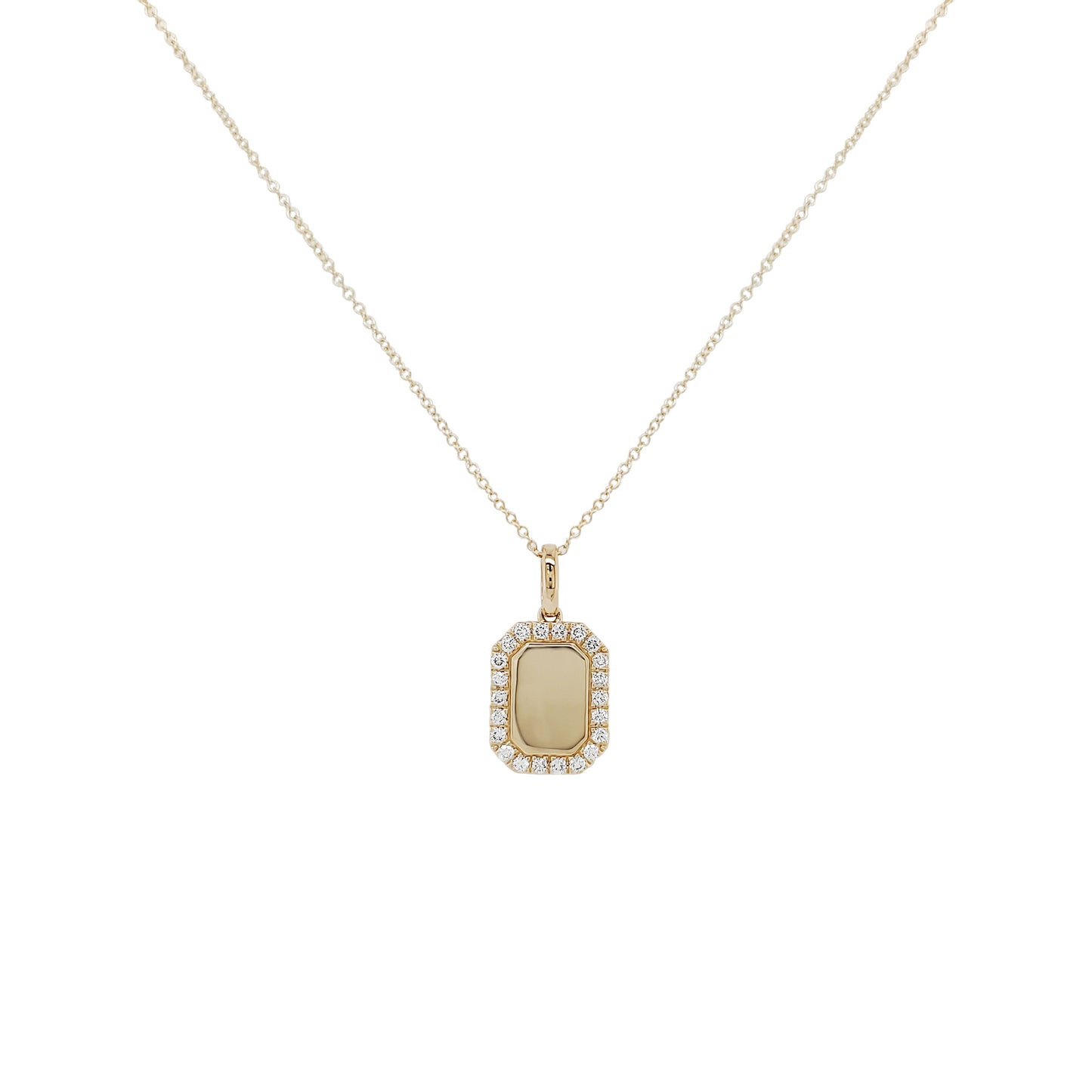 14K Yellow Gold Diamond Halo Signet Necklace, Emerald Cut Medallion