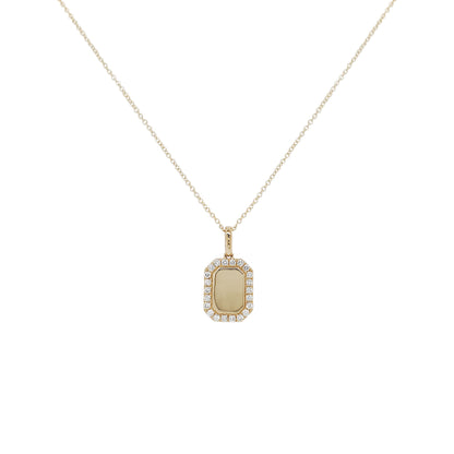 14K Yellow Gold Diamond Halo Signet Necklace, Emerald Cut Medallion