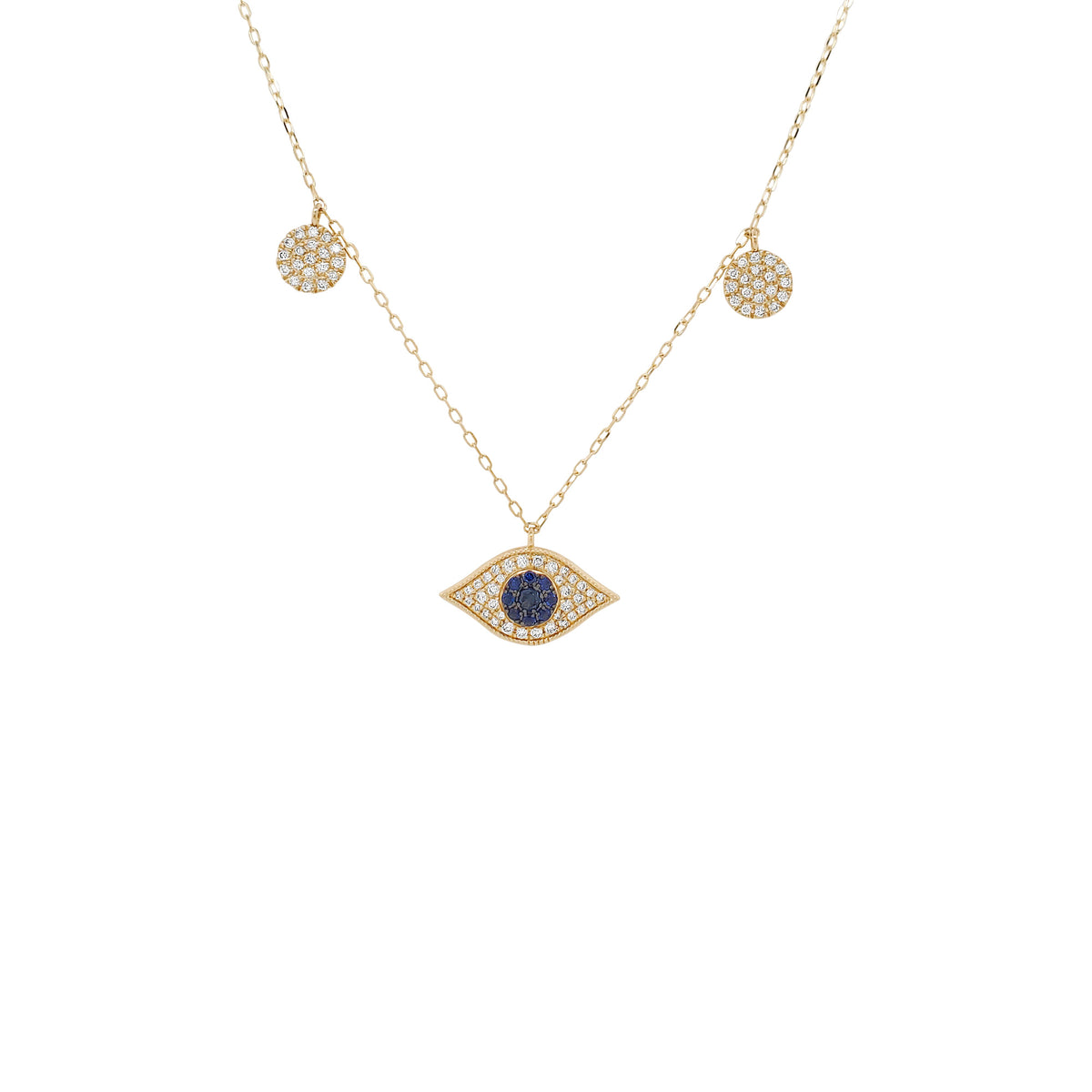 14K Gold Blue Sapphire Evil Eye Necklace, Diamond PavÃ© Pendant