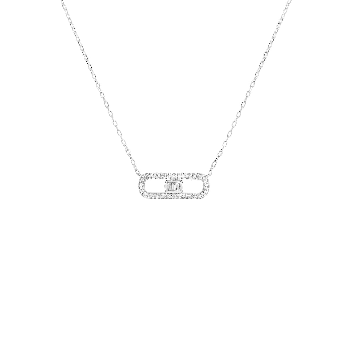 14K White Gold Baguette Diamond Pendant Necklace, Art Deco Bridal Gift
