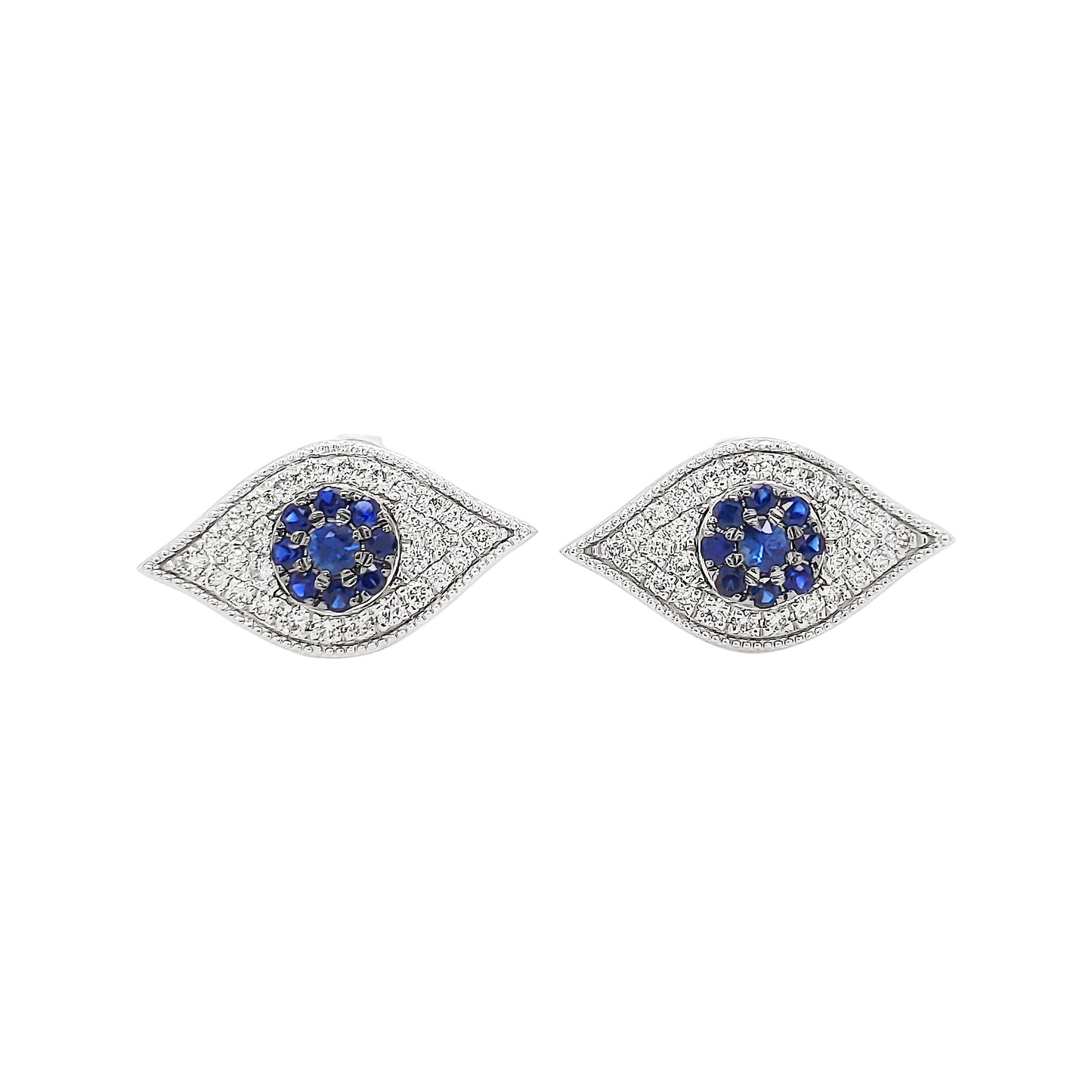 14K White Gold Blue Sapphire Evil Eye Diamond Stud Earrings