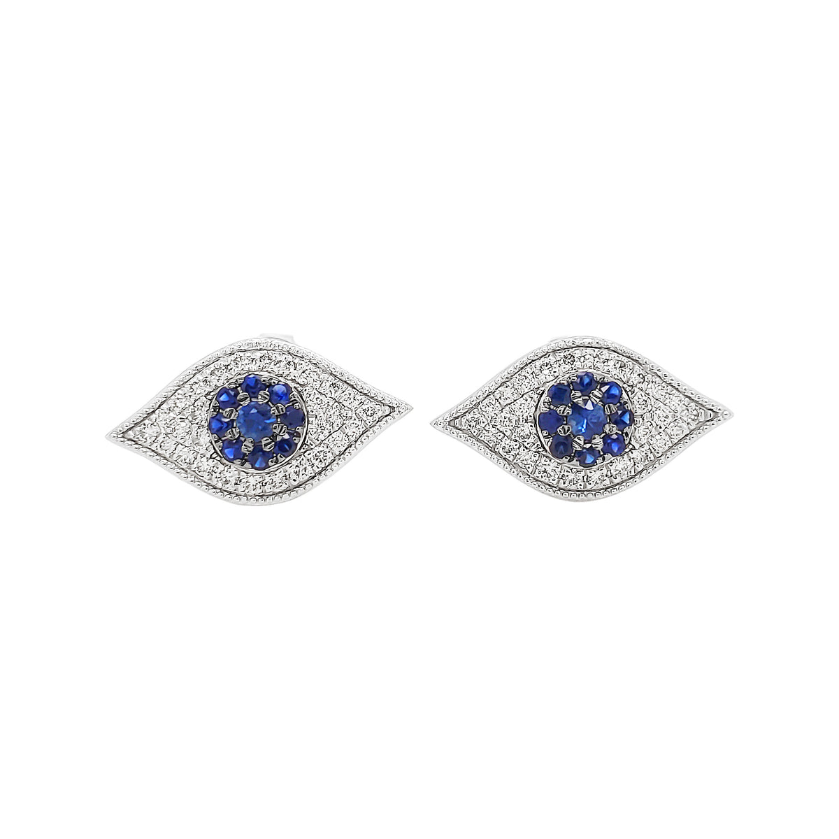 14K White Gold Blue Sapphire Evil Eye Diamond Stud Earrings