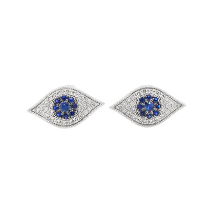 14K White Gold Blue Sapphire Evil Eye Diamond Stud Earrings