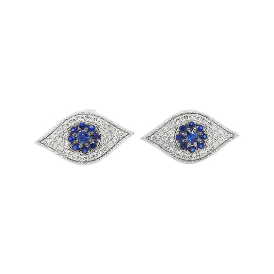 14K White Gold Blue Sapphire Evil Eye Diamond Stud Earrings