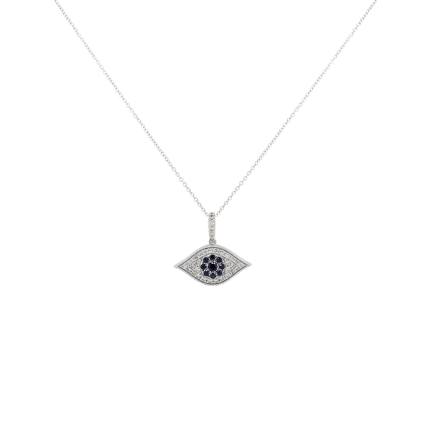 14K White Gold Blue Sapphire Evil Eye Diamond Necklace
