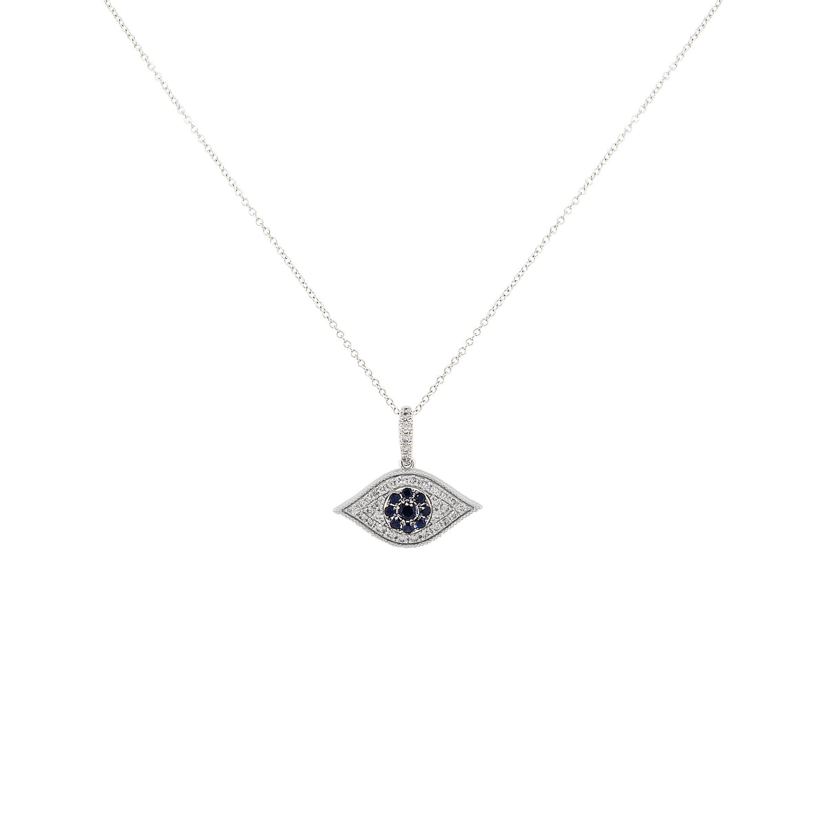 14K White Gold Blue Sapphire Evil Eye Diamond Necklace