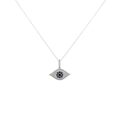 14K White Gold Blue Sapphire Evil Eye Diamond Necklace