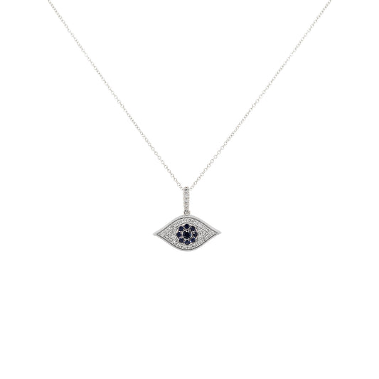 14K White Gold Blue Sapphire Evil Eye Diamond Necklace