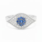 14K White Gold Blue Sapphire Evil Eye Ring, Diamond Pavé Band