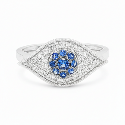 14K White Gold Blue Sapphire Evil Eye Ring, Diamond Pavé Band