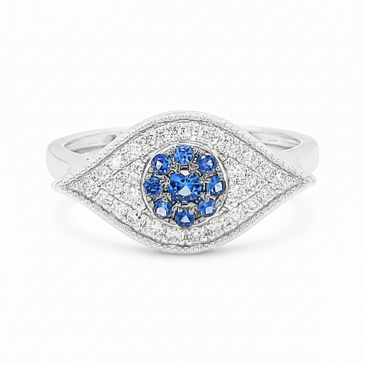 14K White Gold Blue Sapphire Evil Eye Ring, Diamond Pavé Band