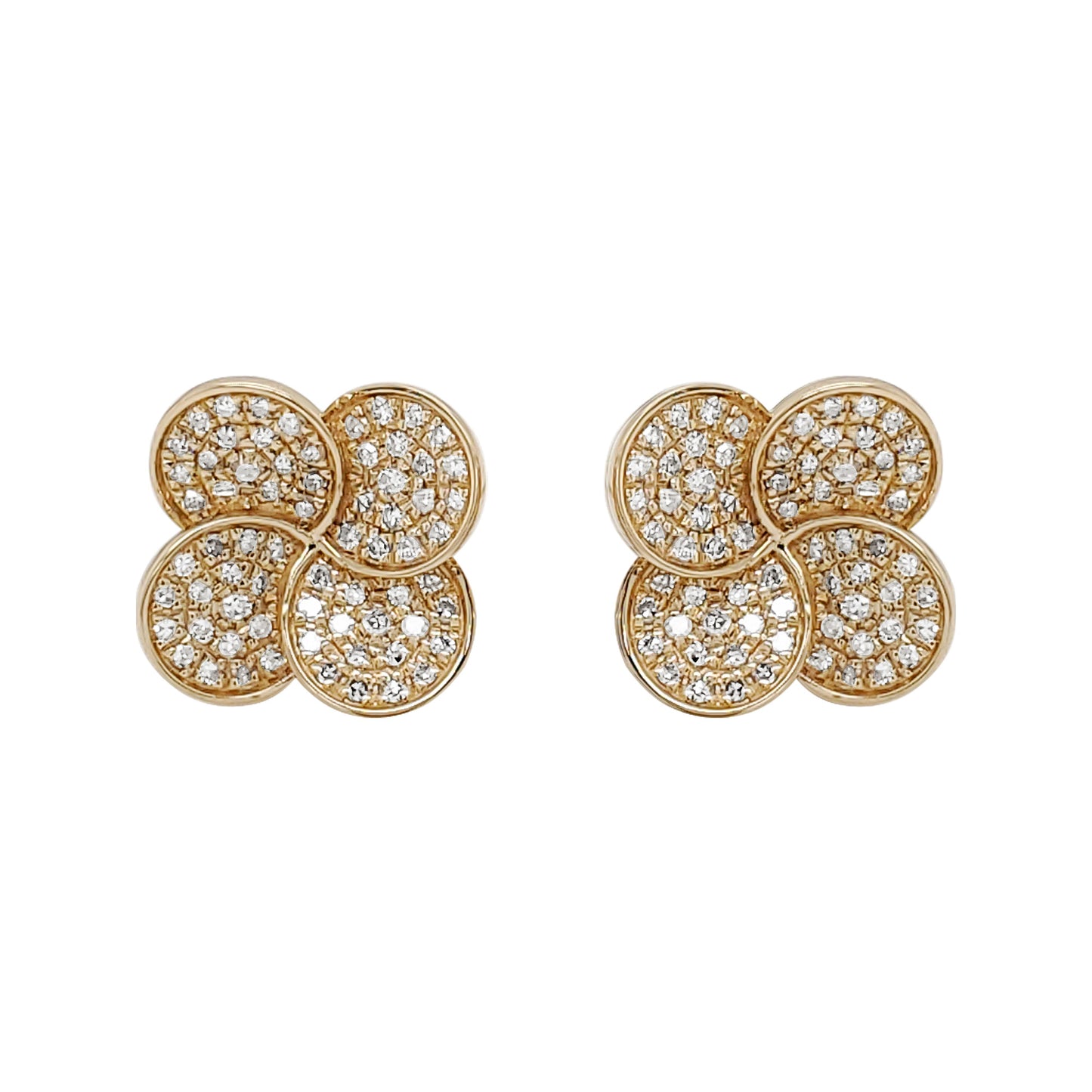 14K Yellow Gold Diamond Flower Stud Earrings, Pavé Floral Disks, 2/5 CTW