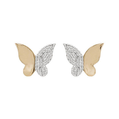 14K Gold Diamond Butterfly Earrings, Pavé Studs, Nature Jewelry