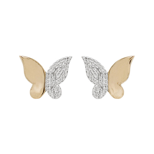 14K Gold Diamond Butterfly Earrings, Pavé Studs, Nature Jewelry