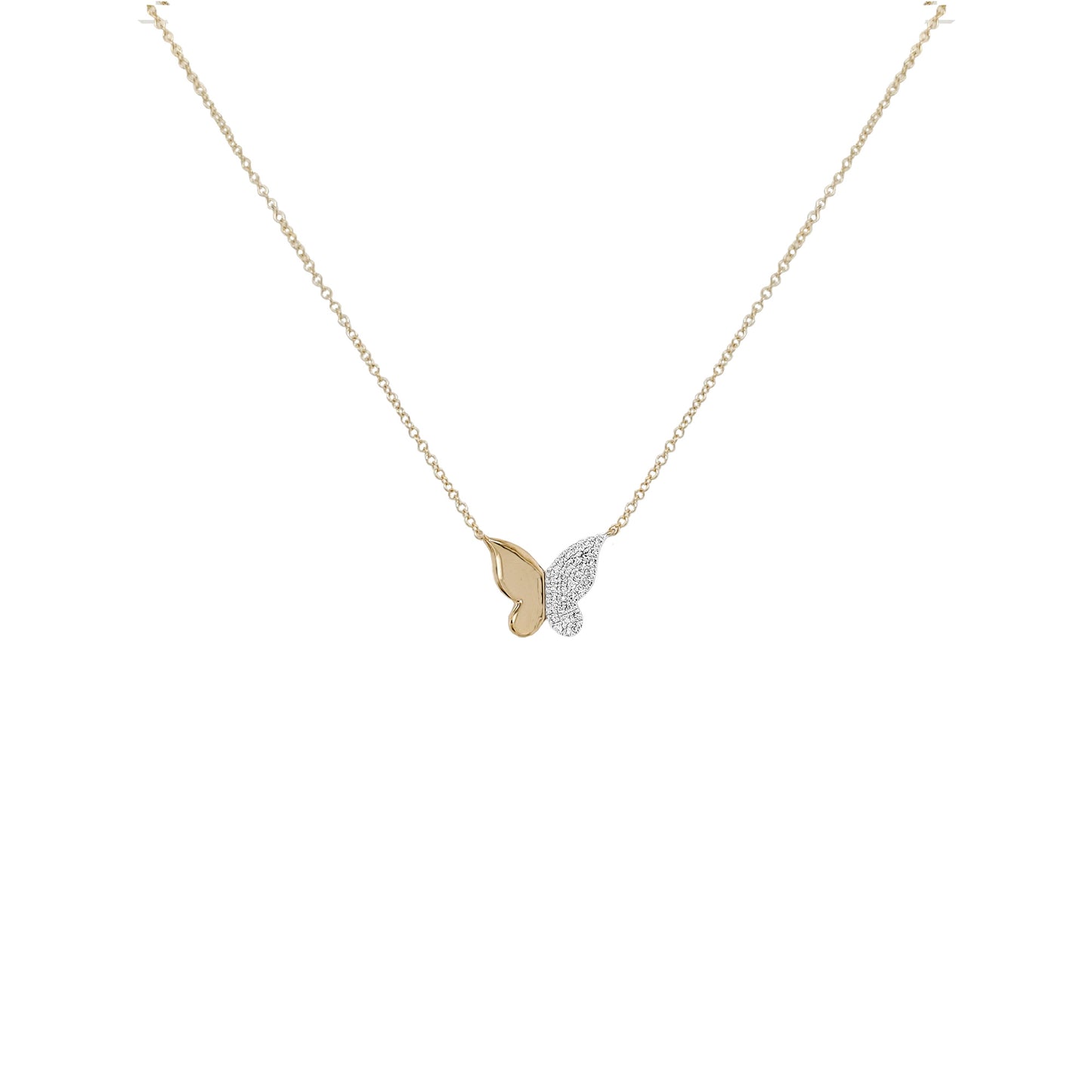 14K Yellow Gold Diamond Butterfly Necklace, 18 Inch Cable Chain