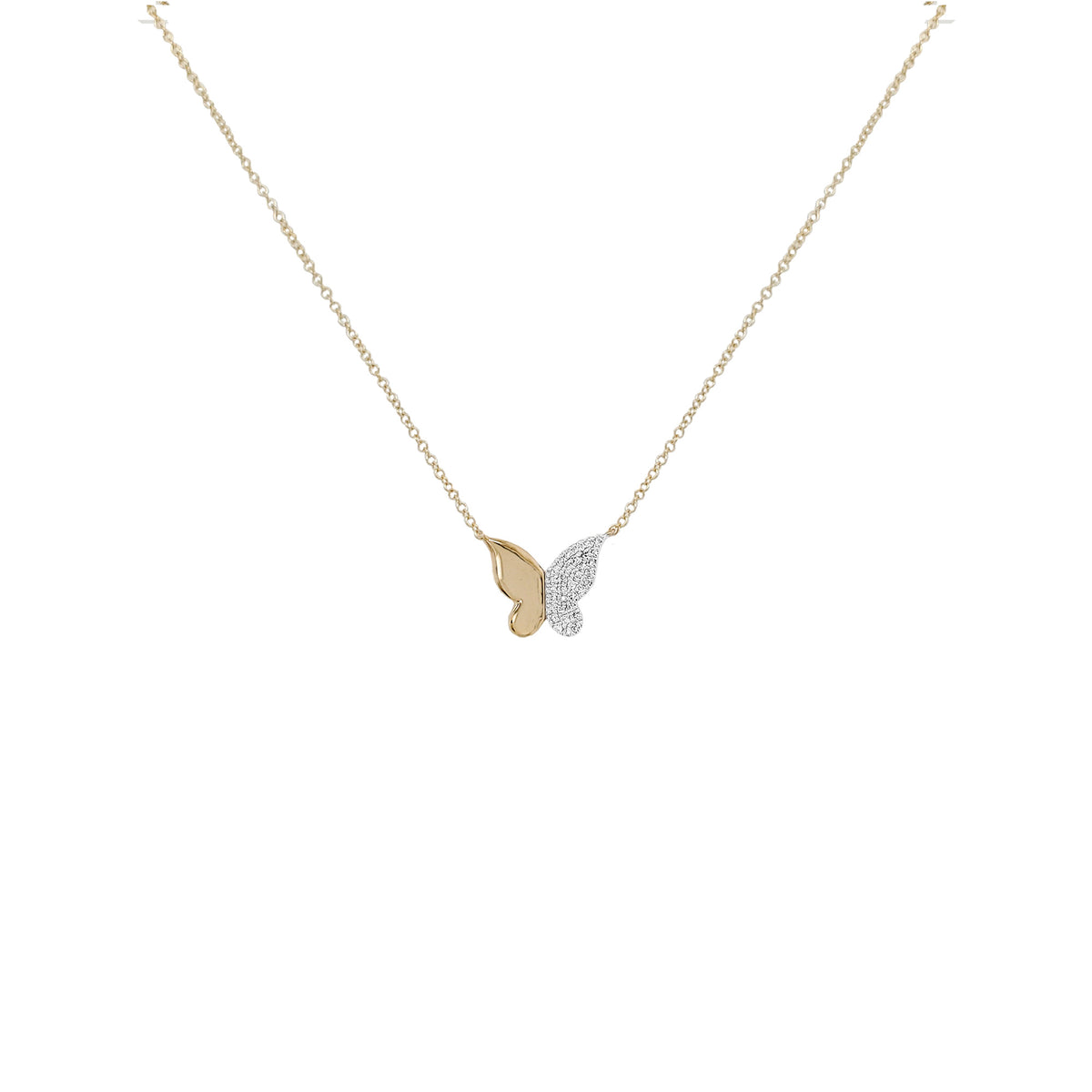 14K Yellow Gold Diamond Butterfly Necklace, 18 Inch Cable Chain