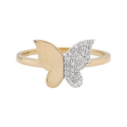 14K Yellow Gold Diamond Butterfly Ring, Nature Inspired Statement Band