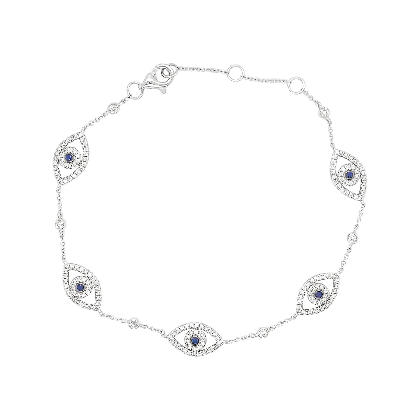 14K White Gold Evil Eye Bracelet, Sapphire & Diamond Talisman, Protection Jewelry