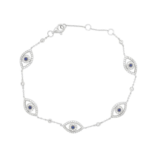 14K White Gold Evil Eye Bracelet, Sapphire & Diamond Talisman, Protection Jewelry