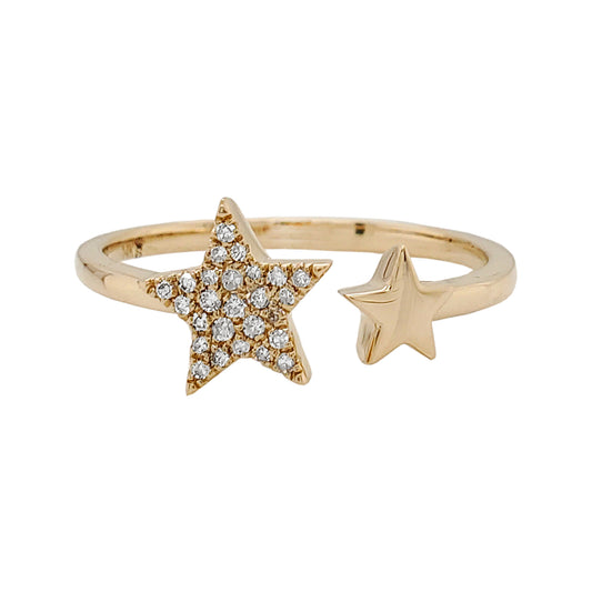 14K Yellow Gold Diamond Star Ring, Celestial Open Bypass Band