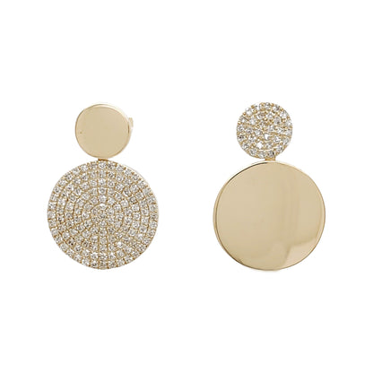 14K Yellow Gold Asymmetrical Diamond Disc Earrings, Geometric Jewelry