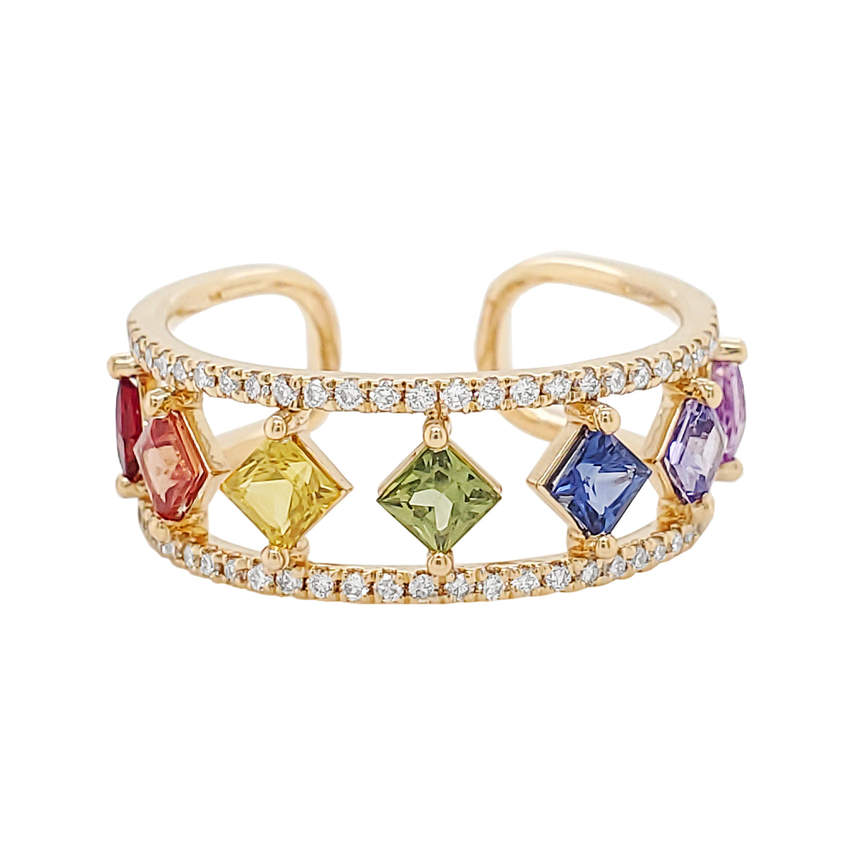 14K Yellow Gold Multicolor Sapphire Ring, Princess Cut Rainbow Gemstone Open Band, Diamond Accent Cocktail Jewelry Gift