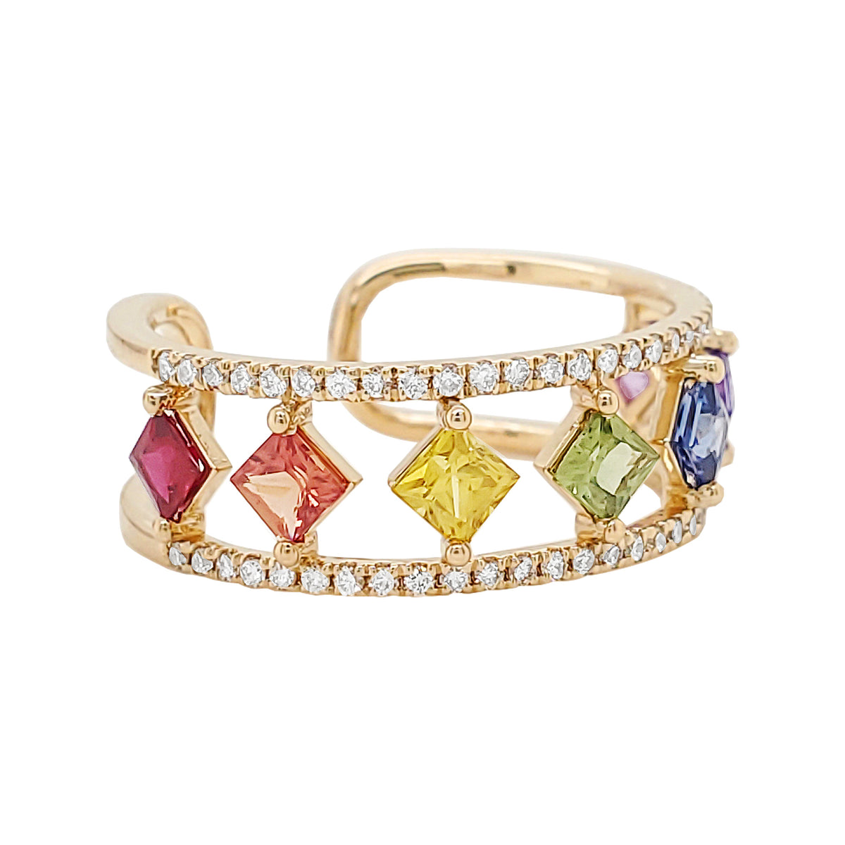 14K Yellow Gold Multicolor Sapphire Ring, Princess Cut Rainbow Gemstone Open Band, Diamond Accent Cocktail Jewelry Gift