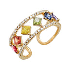 14K Yellow Gold Multicolor Sapphire Ring, Princess Cut Rainbow Gemstone Open Band, Diamond Accent Cocktail Jewelry Gift